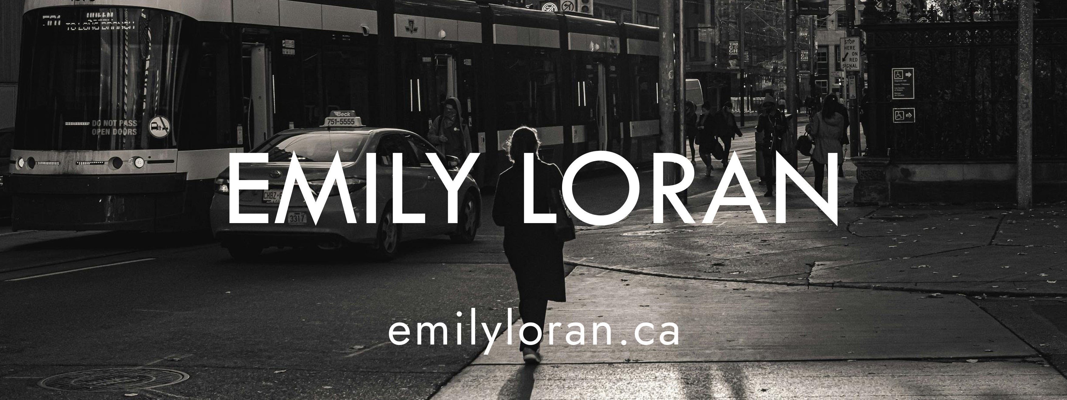 Emily Loran logo over a black-and-white Toronto street scene, brand banner with website link